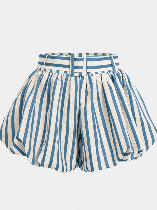 Micas Pants - High-Waist Blue & White Striped Belted Shorts
